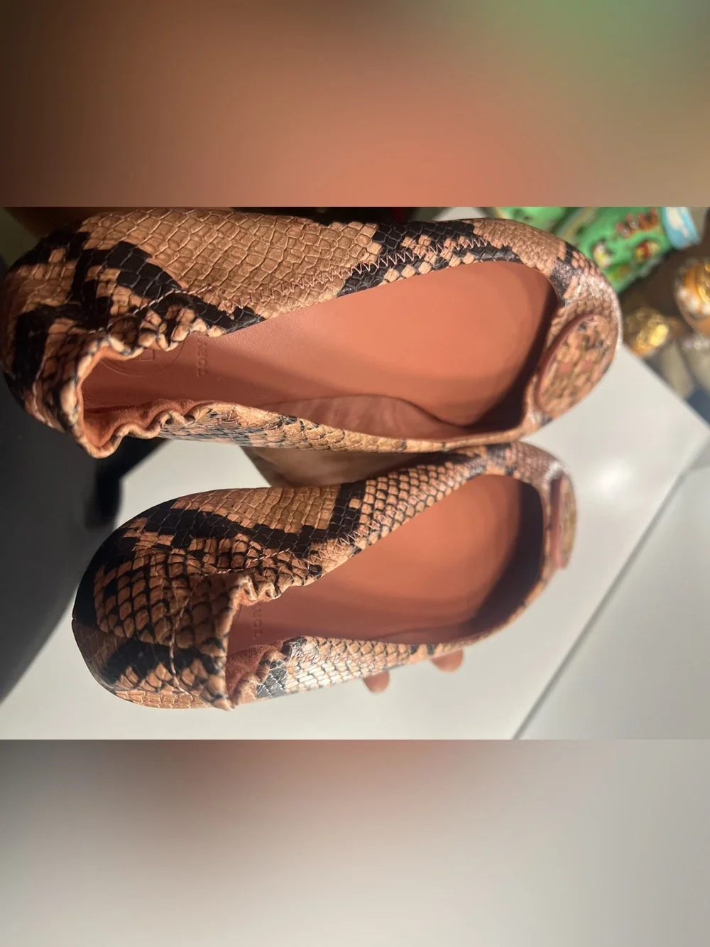 Tory Burch Pink Tan Snake-Print Reva Ballet Flats